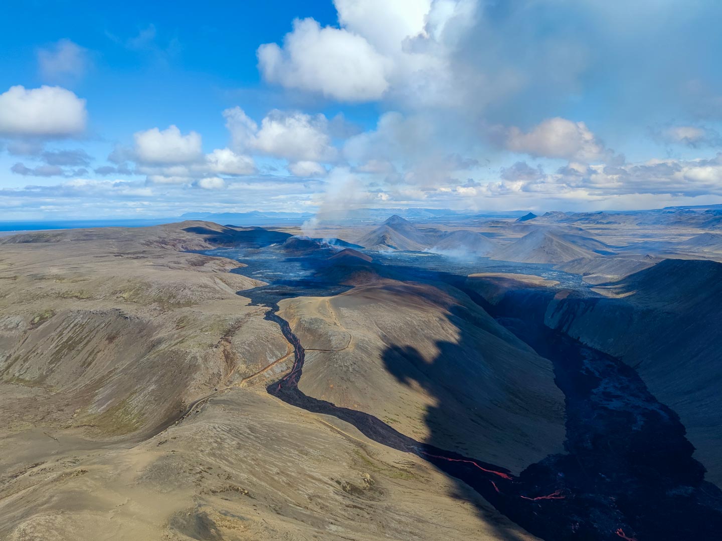 Overview of Fagradalsfjall / Geldingadalur active volcano eruption in Iceland